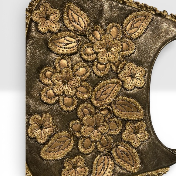 Vintage Rare Isabella Fiore Gold Leather Satchel Shoulder Bag  with Beaded Trim - Picture 4 of 7